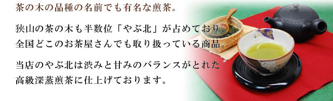 茶の木の品種の名前でも有名な煎茶。当園の茶の木も半数位「やぶ北」が占めており、全国どこのお茶屋さんでも取り扱っている商品。当店のやぶ北は渋みと甘みのバランスがとれた高級深蒸煎茶に仕上げております。