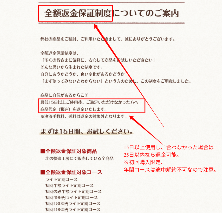 公式サイトの全額返金保証に関する規定。25日以内の申請条件と手続きの詳細を確認