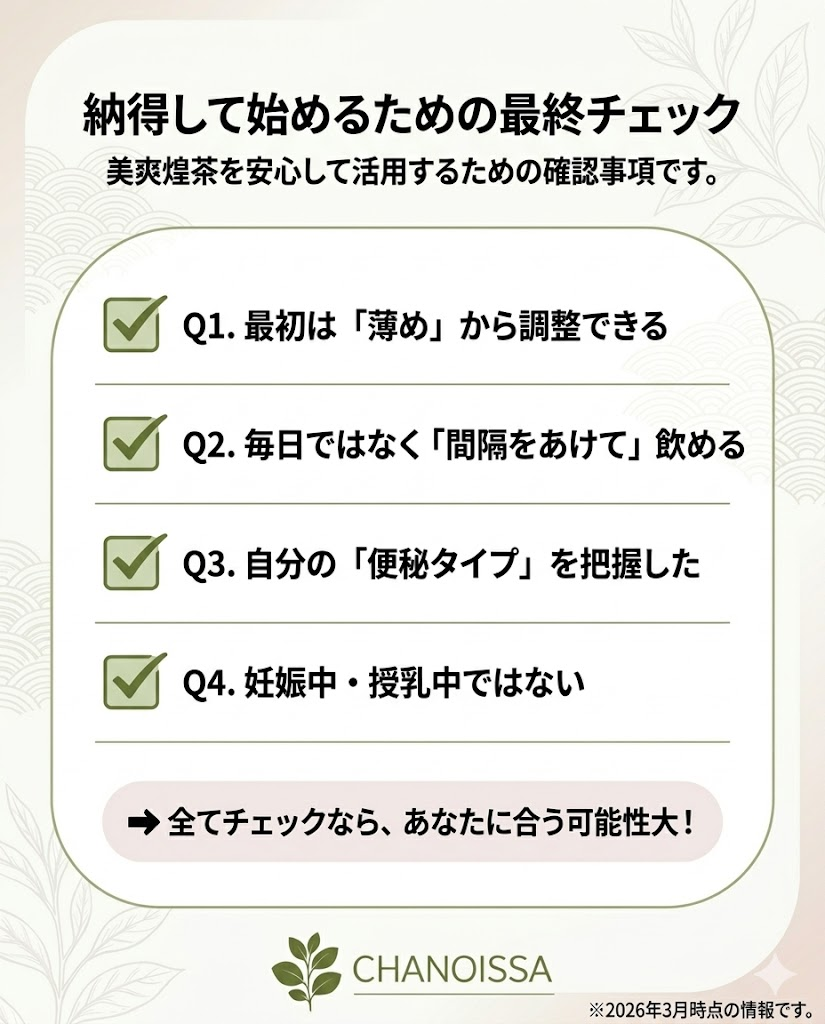 美爽煌茶を始める前の最終確認チェックリスト。飲み方や体質の確認事項を掲載。