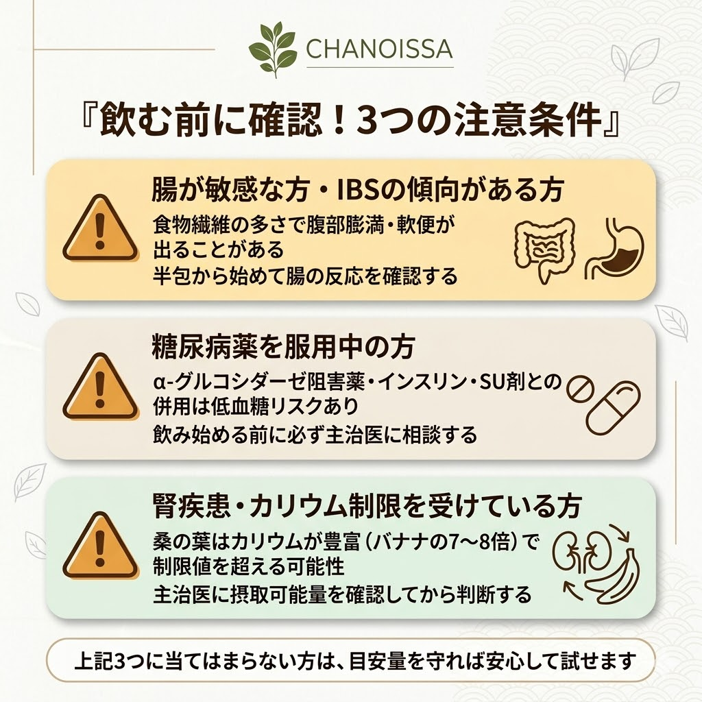 糖煎坊を飲む前の注意点3つ。腸が敏感な方、糖尿病薬を服用中の方、腎疾患・カリウム制限がある方は医師への相談が必要。