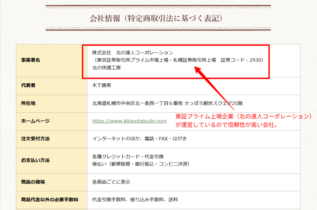 えぞ式すーすー茶販売元、株式会社北の達人コーポレーションの特定商取引法に基づく表記